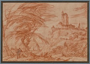 Landscape, on the right a large tower on a hill, on the left a group of trees and several figures by Jacques Callot