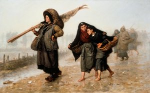 The Shell Gatherers. Peasants, Barefoot or Wearing Clogs, Returning with Their Baskets Filled with Shells and Protecting Themselves from the Rain. Painting by Jacques Eugene Feyen. Private Collection.