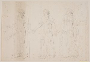 Offering (?) Three Figures in Greek Garments. In Front, a Man Carrying an Amphora and a Staff or Torch, Followed by Two Women