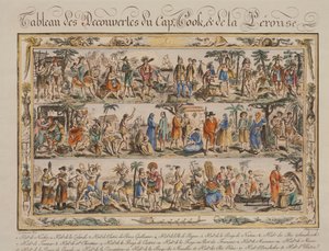 The Discoveries of James Cook and Jean Francois de Galaup Comte de Laperouse in the 18th century, coloured engraving by Jacques Grasset de Saint Sauveur