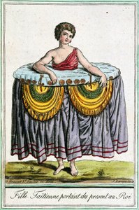 Young woman offers gifts to the king, Tahiti, Society Islands, engraving from Encyclopedia of voyages by Jacques Grasset de Saint Sauveur