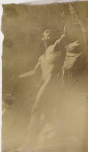 Study of a male nude model with hand in a structure, seen from below, in the studio of Jacques de Lalaing by Jacques Lalaing (attributed to)