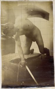 Study of a Male Nude Model, Kneeling with Sword and Shield in Hand, in the Studio of Jacques de Lalaing by Jacques Lalaing (attributed to)