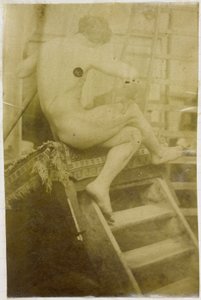 Study of a Male Nude Model, Seen from the Back and Seated on a Step in the Studio of Jacques de Lalaing by Jacques Lalaing (attributed to)