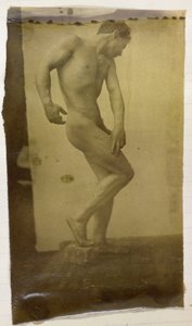 Study of a male nude model, standing and slightly bent seen from the front, in the studio of Jacques de Lalaing