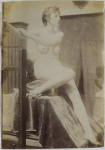 Study of a Female Nude Model, Sitting on a Podium Next to an Easel and Seen from the Front, in the Studio of Jacques de Lalaing, Preliminary Study for the Fernand Scribe Tomb Monument in the Cemetery of Ghent