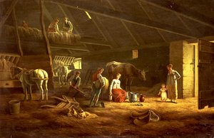 A Milkmaid, Farmhands and Plough Horses in a Barn by Jacques Laurent (circle of) Agasse