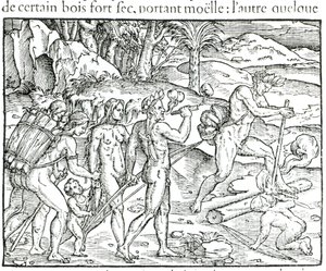 Indian Natives Making Fire After Hunting, engraved by Theodor de Bry by Jacques Le Moyne