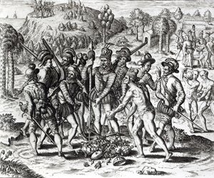 Spaniards receiving gifts from Indians, from 