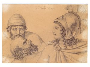 Helmeted Warrior with Two Bearded Men