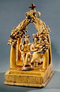 Writing set with a married couple seated under an arbour, Borne Workshop by Jacques Sebastien Talbot