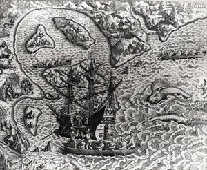 Johannes Staden Arrives at an Unknown Island to Find that the Portuguese are Already There, from Americae, 1593, Written and Engraved by Theodor de Bry (1528-98) by Jacques d.158788 after Le Moyne