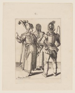 A Grandee in Eastern Dress, a Man with a Cock Attached to His Belt and a Veiled Woman Playing the Rumbling-Pot, from The Masquerades by Jacques de Gheyn II