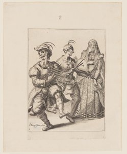 A Veiled Woman with Two Musicians Playing a Gridiron and a Bellows, from The Masquerades by Jacques de Gheyn II