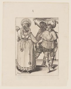 Man with a Turban Leading a Woman Wearing Peacock Feathers, with a Torchbearer, from The Masquerades by Jacques de Gheyn II
