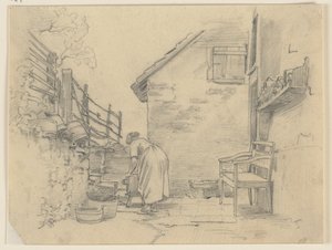 Working Woman in Front of a Small House by Jakob Becker