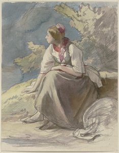 Peasant Girl Sitting to the Left on a Grass Bench by Jakob Becker