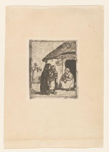 Two women and child in front of a house by Jakob Smits