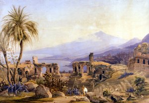 Taormina in Sicily: the ruins and Etna. Painting by Jacob Suter, about 1850.