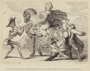 The Political Banditti Assailing the Saviour of India: Warren Hastings, Former Governor of Bengal, Under Attack from Politicians Edmund Burke, Charles James Fox and Lord North by James (after) Gillray