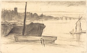 Chelsea Bridge and Church, c. 1870-1871