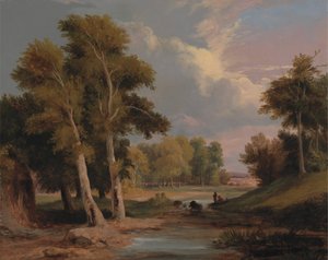 A Wooded River Landscape with Fishermen by James Arthur O