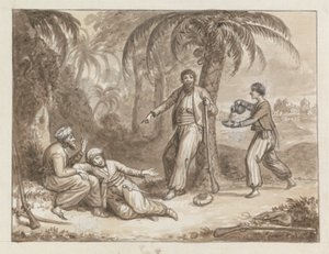 A Servant Bringing Water to Three Hunters by James Bruce