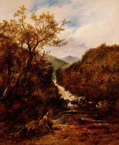 Angler by a Wooded Waterfall