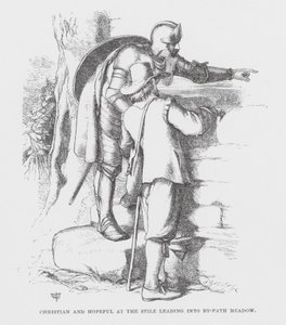 Christian and Hopeful at the Stile leading into By-Path Meadow by James Dawson Watson