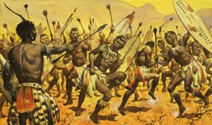 Zulu warriors being forced by Shaka to dance on thorny ground