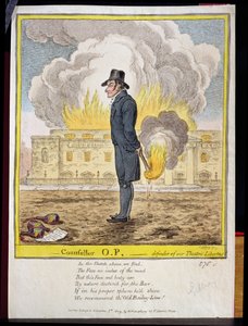 Counsellor O.P., defender of our Theatric Liberties, showing the burning of Covent Garden Theatre, pub. by Hannah Humphrey, 1809