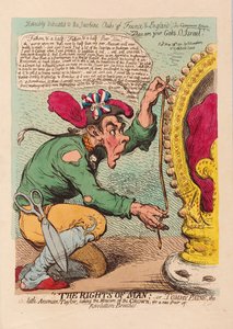 The Rights of Man, or Tom Paine, the Little American Tailor taking the measure of the Crown for a new Pair of Revolution Breeches