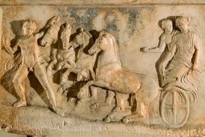 Ancient relief from Phaleron depicting Echelos delivering Basile from the underworld