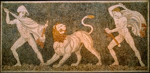 Mosaic depicting Alexander the Great and Hephaestion slaying a lion. Pella Archaeological Museum by James L Stanfield