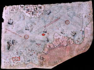 The map of Piri Reis Haritasi completed in 1513. TOPKAPI PALACE MUSEUM, ISTANBUL, TURKEY. by James L Stanfield