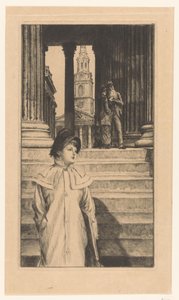 Young Woman Descending the Stairs of the National Gallery in London by James Tissot