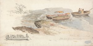 A Canopied Boat and Two Rowing Boats at a Jetty