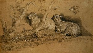 Sheep Resting in a Wooded Copse and a Study of the Head of a Sheep by James Ward