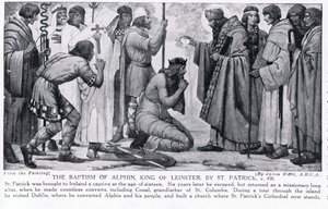 The Baptism of Alphin, King of Leinster, by St. Patrick, illustration from 