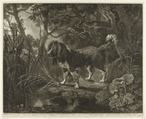 Spaniel by the Waterside Watching a Flying Duck by James Watson (prentmaker)