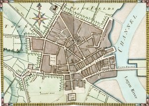 Double page watercolor plan of Belfast by James Williamson