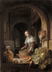 A Maid Preparing Vegetables in a Kitchen