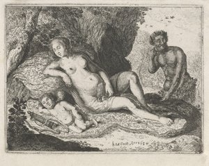 Sleeping Venus spied on by a satyr by Jan Barentsz. Muyckens