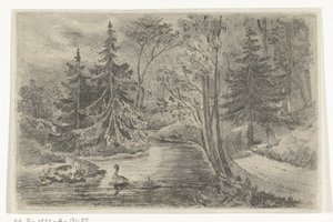 Forest Path by a Pond with Ducks by Jan Bos Wz.