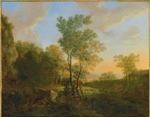 An Italianate Wooded Landscape with Travellers