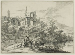 Landscape with Ruins and Two Cows at the Waterside, from a series of four horizontal Roman Landscapes