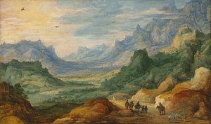 A Mountainous Landscape with Travellers and Herdsmen on a Path