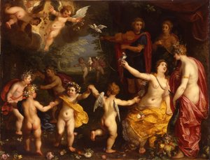 Allegory of love: Venus holding a pair of tethered doves, with Ceres, Apollo and Diana, surrounded by dancing putti, in a landscape by Jan Brueghel the Elder