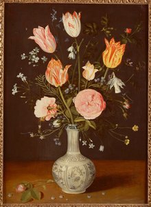 Tulips, Roses, Forget-Me-Nots and Other Flowers in a Late Ming Blue and White Vase