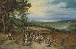 An Extensive Wooded Landscape with Travellers on a Track and Peasants Dancing in the Foreground